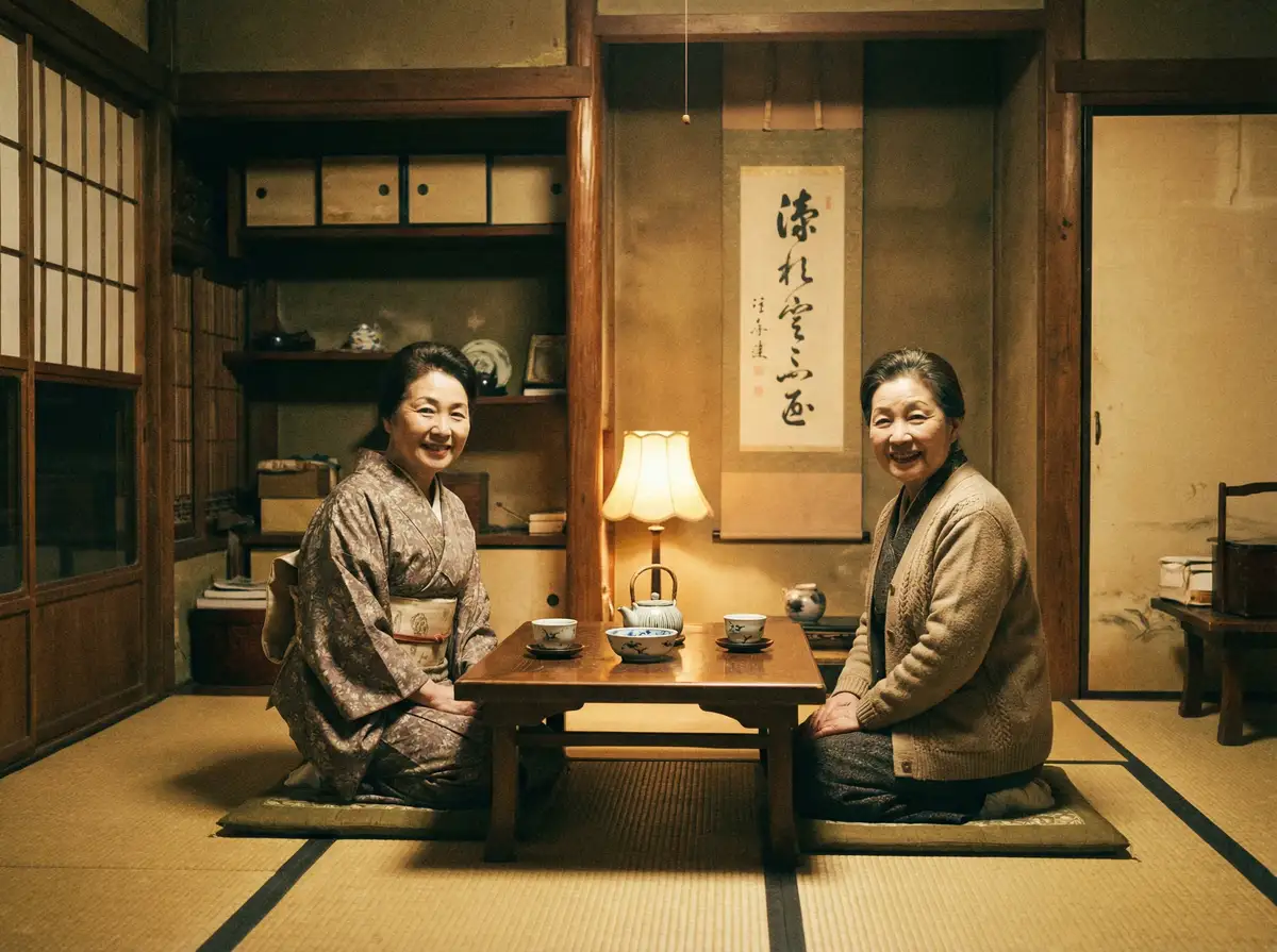 两位优雅的 西湖国际平台 在日式茶室中品茶交谈
